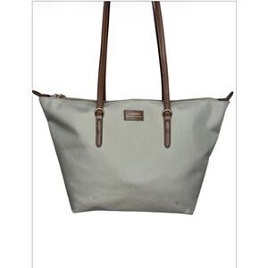 Lauren By RALPH LAUREN Signature Shopper Tote Handbag Purse Tan W/Brown Leather